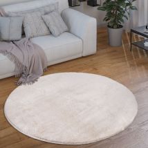 Paco Home Tapis Rond Salon Tapis Poil Ras Moderne Moelleux Lavable Monochrome Crème, 80 cm rond
