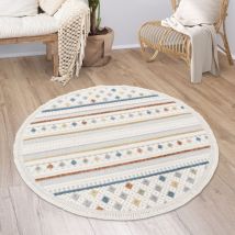 Paco Home Tapis Salon Chambre Adulte Poils Ras Moderne Boho Ethnique Scandinave Franges 120 cm rond, Multicolore 4