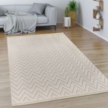 Paco Home Tapis Salon Chambre Adulte Poils Ras Motif Boho Motif Geometrique Franges 120x170 cm, Crème 2