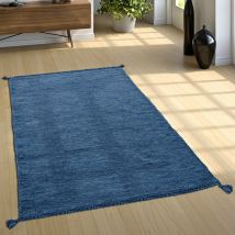 Paco Home - Tapis Salon Nature Franges Moderne 100 % Coton Bleu, 240x340 cm