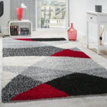 Paco Home - Tapis Shaggy Longues Mèches Hautes Motifs Gris Noir Blanc Rouge 70x140 cm