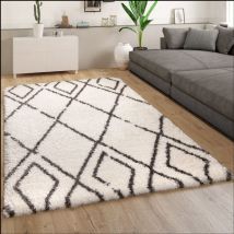 Paco Home - Tapis Shaggy Tapis De Salon Poils Longs Scandinave Motif Diamant Crème Gris 60x90 cm