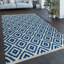 Paco Home - Tapis Tissé Main Tendance Moderne Design Marocain Franges Bleu Blanc 120x170 cm