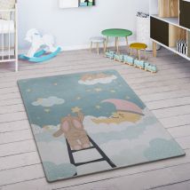 Tappeto Bambini Cameretta Con Stelle Nuvola Luna Lepre Turchese Crema Rosa 155x230 cm - Paco Home