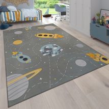 Tappeto Bambini Cameretta Ragezzi Antiscivolo Stelle Pianeta Razzo Grigio Blu Giallo 80x150 cm - Paco Home
