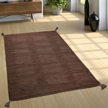Tappeto da soggiorno naturale con frange, kelim moderno intessuto a mano, 100% cotone 120x170 cm, Marrone - Paco Home