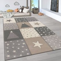 Tappeto per bambini per cameretta color pastello 3D di nuvole stelle Arcobaleno 80x150 cm, Beige 4 - Paco Home