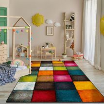 Paco Home - Tappeto Salotto Pelo Corto Astratto Geometrico Scacchiera Grigio Giallo Rosso 80x300 cm