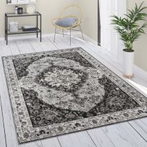 Tappeto Salotto Moderno Pelo Corto Persiano Ornamenti Bordura Nero Grigio 120x160 cm - Paco Home