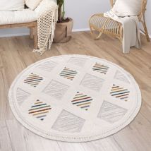 Paco Home - Tappeto Salotto Moderno Soggiorno Pelo Corto Modern Boho Etnico Scandi Frange ø 160 cm tondo, Multicolore 5