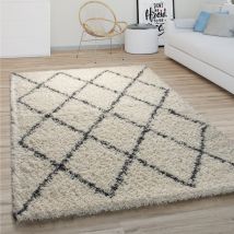 Tappeto Salotto Pelo Lungo Shaggy Moderno Boho Scandinavo Motivo Diamante 60x100 cm, Crema 2 - Paco Home