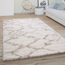 Paco Home - Tappeto Salotto Pelo Lungo Shaggy Moderno Boho Scandinavo Motivo Diamante Crema Beige, ø 120 cm tondo