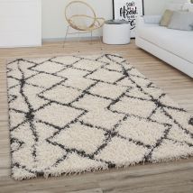 Paco Home - Tappeto Salotto Pelo Lungo Shaggy Moderno Boho Scandinavo Motivo Diamante 80 cm tondo, Crema Antracite 2