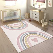 Kinderteppich Teppich Kinderzimmer Junge Mädchen Regenbogen Herz 3D Creme Rosa 160x230 cm - Paco Home