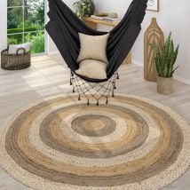 Teppich Rund Wohnzimmer Jute Boho Ethno Muster Modern Handgefertigt Naturteppich Bunt, 80 cm Rund - Paco Home