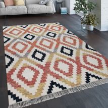 Teppich Wohnzimmer Boho Fransen Handgewebt Wolle Baumwolle Rot Schwarz Gelb Creme 120x170 cm - Paco Home