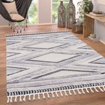 Teppich Wohnzimmer Kurzflor Modern Ethno Skandi Rautenmuster 3D Effekt Fransen 120x170 cm, Grau 2 - Paco Home