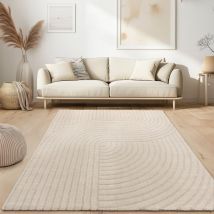Teppich Wohnzimmer Kurzflor Skandi Japandi Boho Abstraktes Muster 3D Uni Creme 120x160 cm - Paco Home
