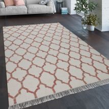 Paco Home - Teppich Wohnzimmer Marokkanisches Muster Fransen Handgewebt Wolle Beige Rot 200x300 cm