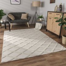 Teppich Wohnzimmer Schlafzimmer Kurzflor Boho Skandi Raute 3D Grau Anthrazit Creme, 230x340 cm - Paco Home