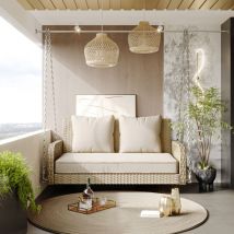 Balançoire hollywoodienne, balançoire de jardin, ensemble de meubles de jardin pour l'extérieur, rotin beige, coussin d'assise beige, 2 sièges, avec