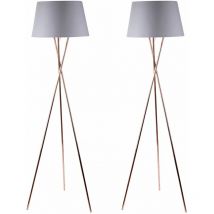 Pair Copper Tripod Floor Lamp with Grey Fabric Shade - Polished copper plate and grey cotton