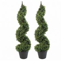 Leaf - Pair of 90cm (3ft) Tall Artificial Boxwood Tower Trees Topiary Spiral Metal Top
