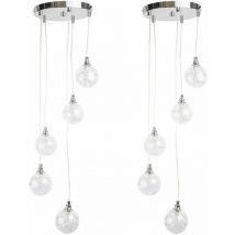 First Choice Lighting - Pair of Chrome 5 Light Cluster Fitting with Glass Globe Shades - Polished chrome plate and clear & inner wired detailed glass