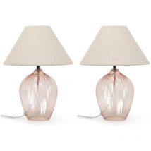 Valuelights - Olivet Pair of Blush Pink Glass Table Lamps with Fabric Tapered Lampshade Bedside Light