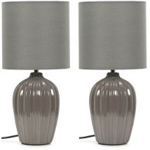 Pair of Grey Fluted Ceramic Table Lamps Fabric Lampshades Bedside Bedroom Lights + LED Bulbs