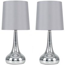 Pair Of Modern Silver Chrome Teardrop Touch Bed Side Table Lamps With Grey Fabric Shades