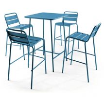 Oviala - Ensemble table de bar et 4 chaises hautes en métal bleu pacific - Palavas