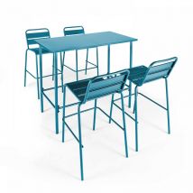 Oviala - Ensemble table haute et 4 chaises de bar en métal bleu pacific - Palavas