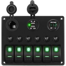 Coocheer - Panel de interruptores basculantes con retroiluminación led verde de 12 V/24 v, voltímetro digital, cargador usb doble, toma de encendedor