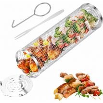 Jusch - Panier à Griller Roulant, Grille de Barbecue en Acier Inoxydable, Paniers de Cuisson pour Barbecue avec Crochet(1Pcs)
