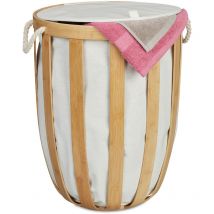 Relaxdays - Panier à linge en bambou, avec couvercle, rond, sac en tissu, salle de bain, cuisine, nature/beige