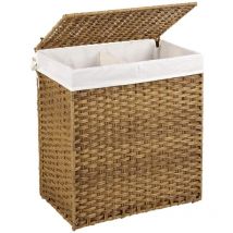 Panier à linge tissé à la main, 110L Corbeille à linge artisanale, en Rotin synthétique, 2 Compartiments, avec Couvercle et Poignées, Pliable,