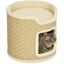 Pawhut - Panier coussin griffoir chat 3 en 1 design tonneau - ø 38 x 37H cm - jonc de mer peluche beige