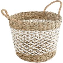 Panier De Rangement Ajouré Avec Poignées - Blanc - Paille Naturel - 30x30x30 Cm - Box & Beyond