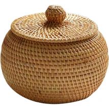 Panier de rangement en osier avec couvercle - Panier en rotin - Petite boîte en osier - Rotin naturel tressé pour chambre à coucher, salon, bureau,