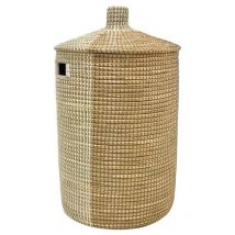 Panier en jonc de mer avec couvercle - D. 39 x H. 71 cm - Naturel, jaune et blanc - JALIO