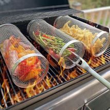 Kinsi - Panier Grille de barbecue Roulant, Panier à Griller pour Barbecue, acier inoxydable, 30x9.5cm