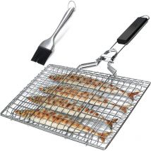 Panier Grille pour Barbecue, Pliable en Acier Inoxydable, pour la Cuisson des Poissons, Légumes ou Crevettes, avec Poignée Amovible, Brosse à