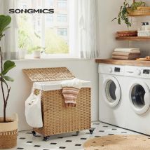 Panier à Linge Tissé à la Main, 140L, Imitation Rotin, 3 Parties, Sac Amovible, Couvercle, Poignées, Montage Facile, Salon, Salle de Bain, 66 x 33 x