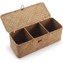 Panier Rangement Jonc de Mer avec Couvercle Rectangulaires Malle en Osier avec Compartiment pour Organiser des Jouets de Collation en Papier Toilette