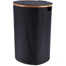 Tendance - Paniere a linge ronde pliable avec couvercle polyester cerclage bambou - noir bambou