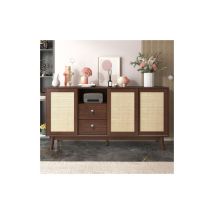 Panneau latéral avec 3 portes coulissantes en rotin véritable et 2 tiroirs 155x38x80 cm respirant, stable et polyvalent,brun