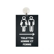 Panneau pvc 'toilettes homme et femme' flèche à droite fond noir format A5 avec fixation ventouse
