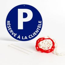 PANNEAU ROND SIGNALISATION PRÉPERCÉ + CHAINE PLASTIQUE ROUGE/BLANC. Parking reservé à la clientèle . - Parking reservé à la clientèle