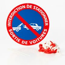 Signaletique.biz France - panneau rond signalisation prépercé + chaine plastique rouge/blanc. Interdiction de stationner sortie de voitures .